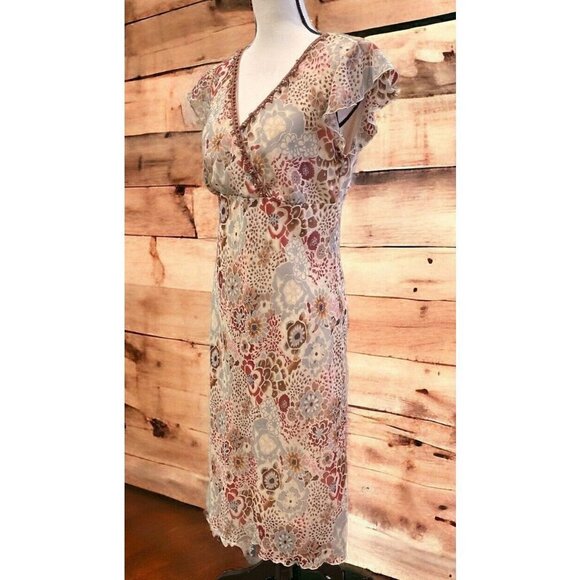 Believe Womens Chiffon Flutter Slip Dress Size 12 Lined Wood Beads Y2k Brown - Picture 1 of 16